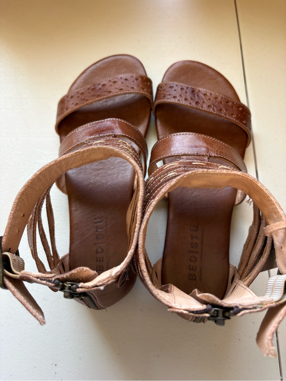 Bed|Stü Artemis strappy leather back-zip sandals NWT cognac size 10 - Picture 8 of 9